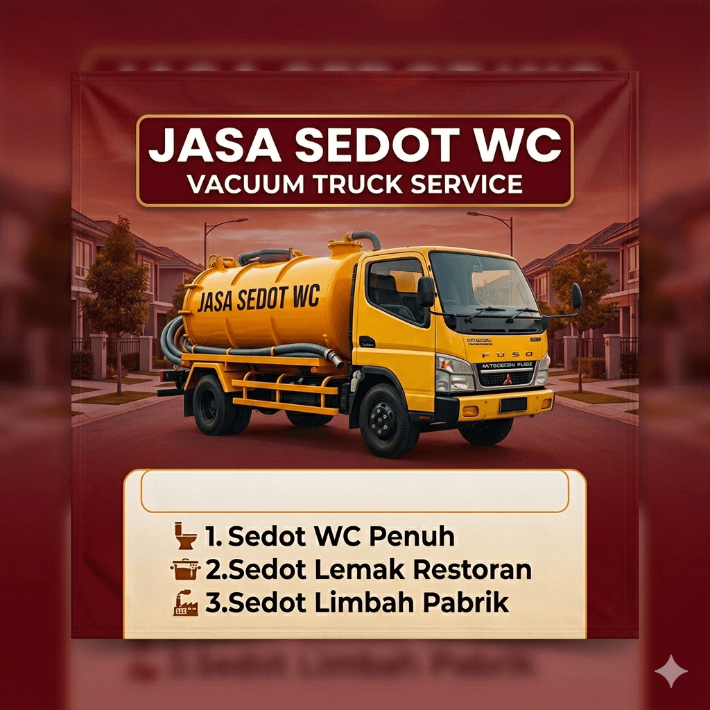 Truk vakum kuning jasa sedot WC di jalan perumahan dengan teks daftar layanan kebersihan.